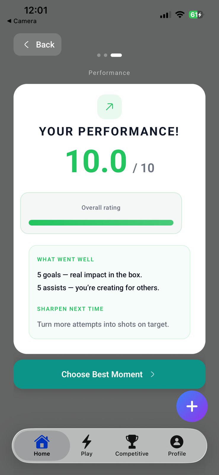 Statbox match performance rating on a phone, with goals, assists, and what to sharpen next time.