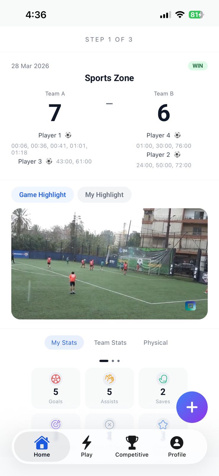 Statbox game highlights and score on a phone, with the match clip and goals, assists, and saves.